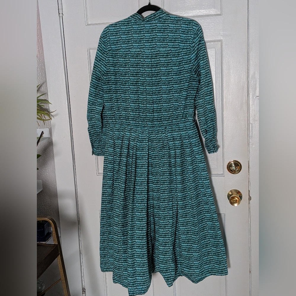 Tuckernuck Teal Black Print Organic Cotton Midi Dress | Size L | Long Sleeve - Picture 5 of 5